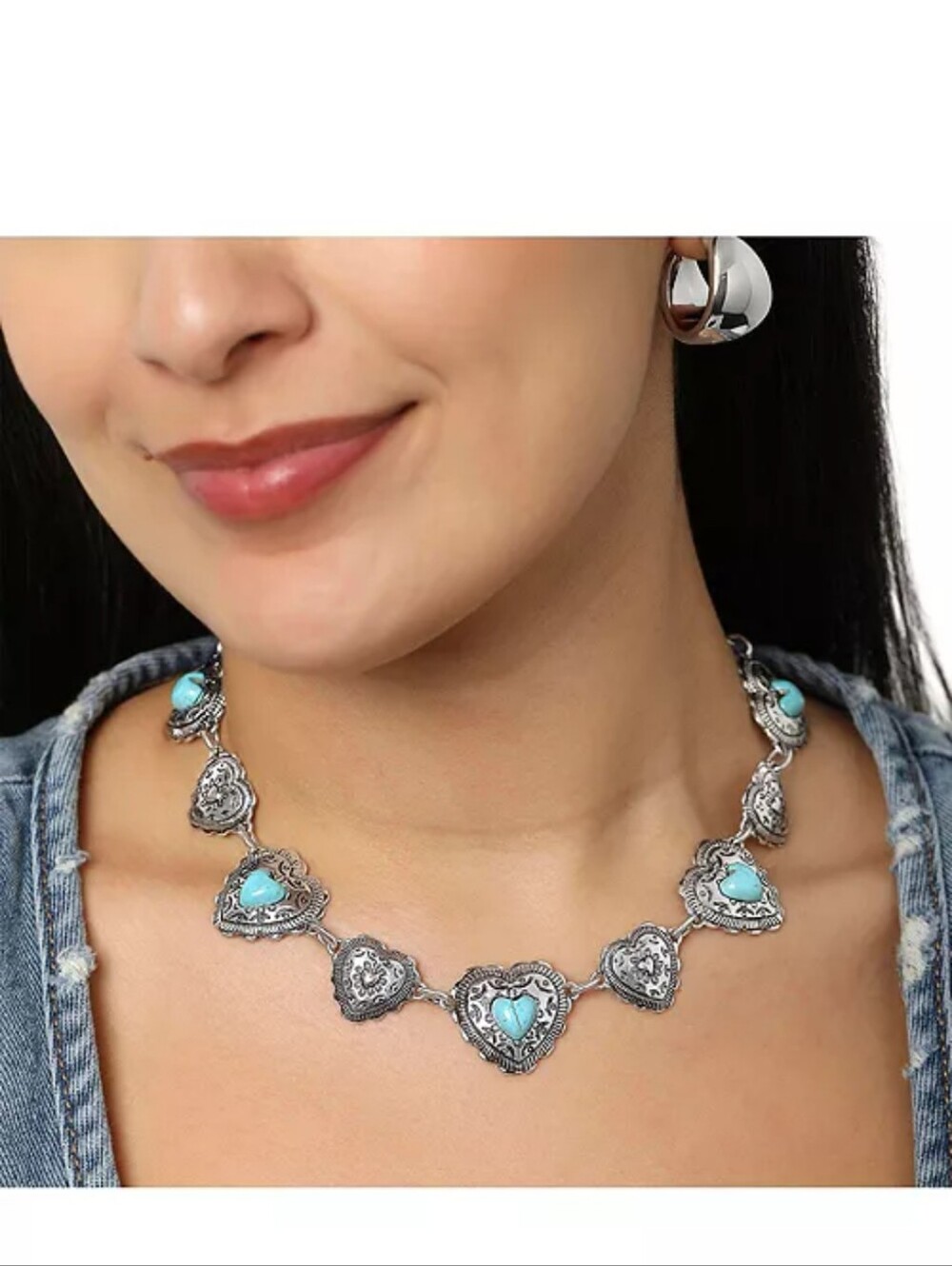 New Silver-Tone Natural Turquoise Heart Concho Necklace #1471-3178